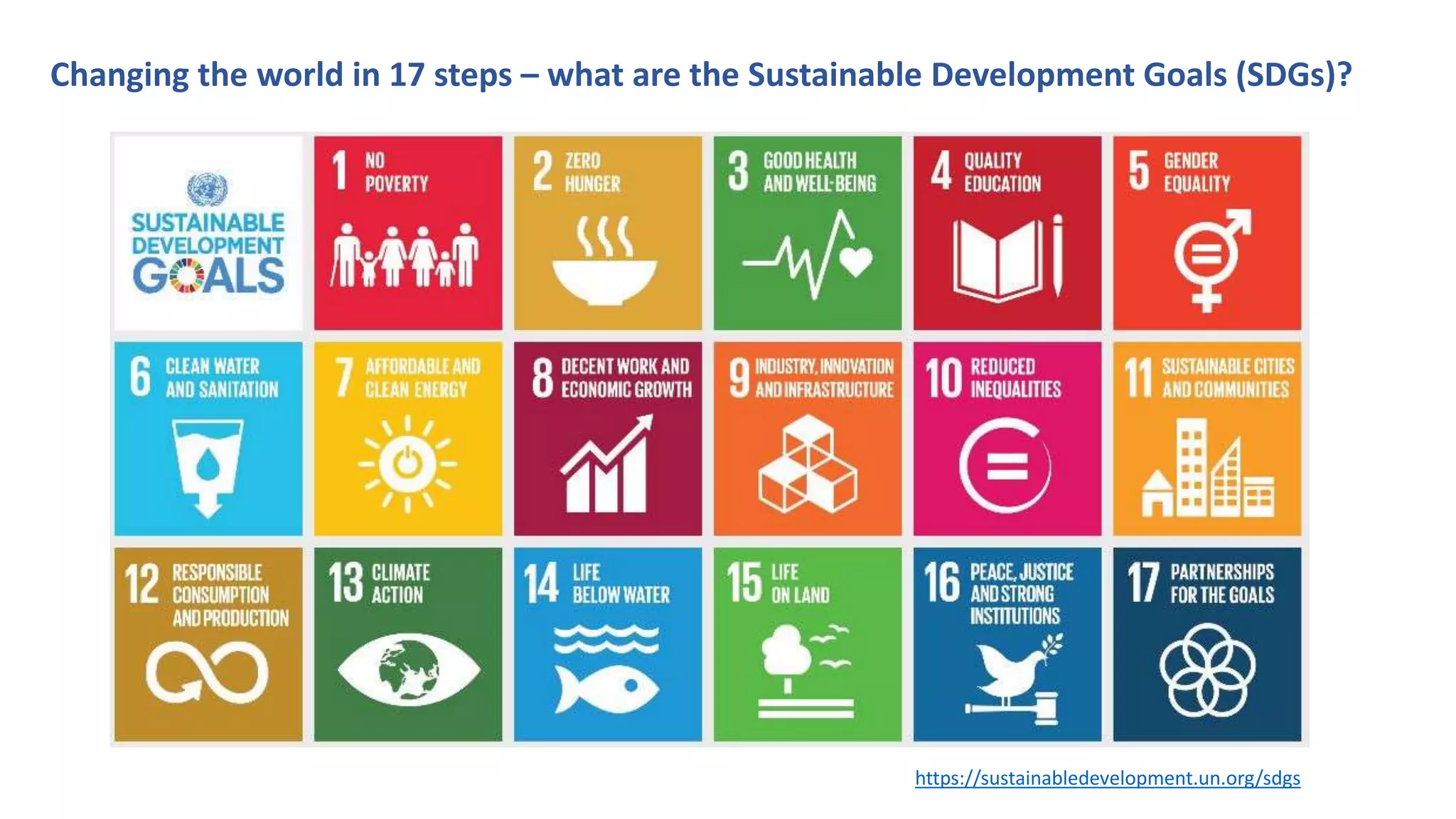 Changing the world in 17 steps – what are the Sustainable Development Goals (SDGs)?
https://sustainabledevelopment.un.org/sdgs
 