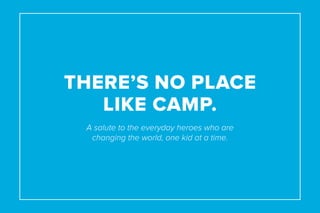 There’s no place
like camp.
A salute to the everyday heroes who are
changing the world, one kid at a time.
 