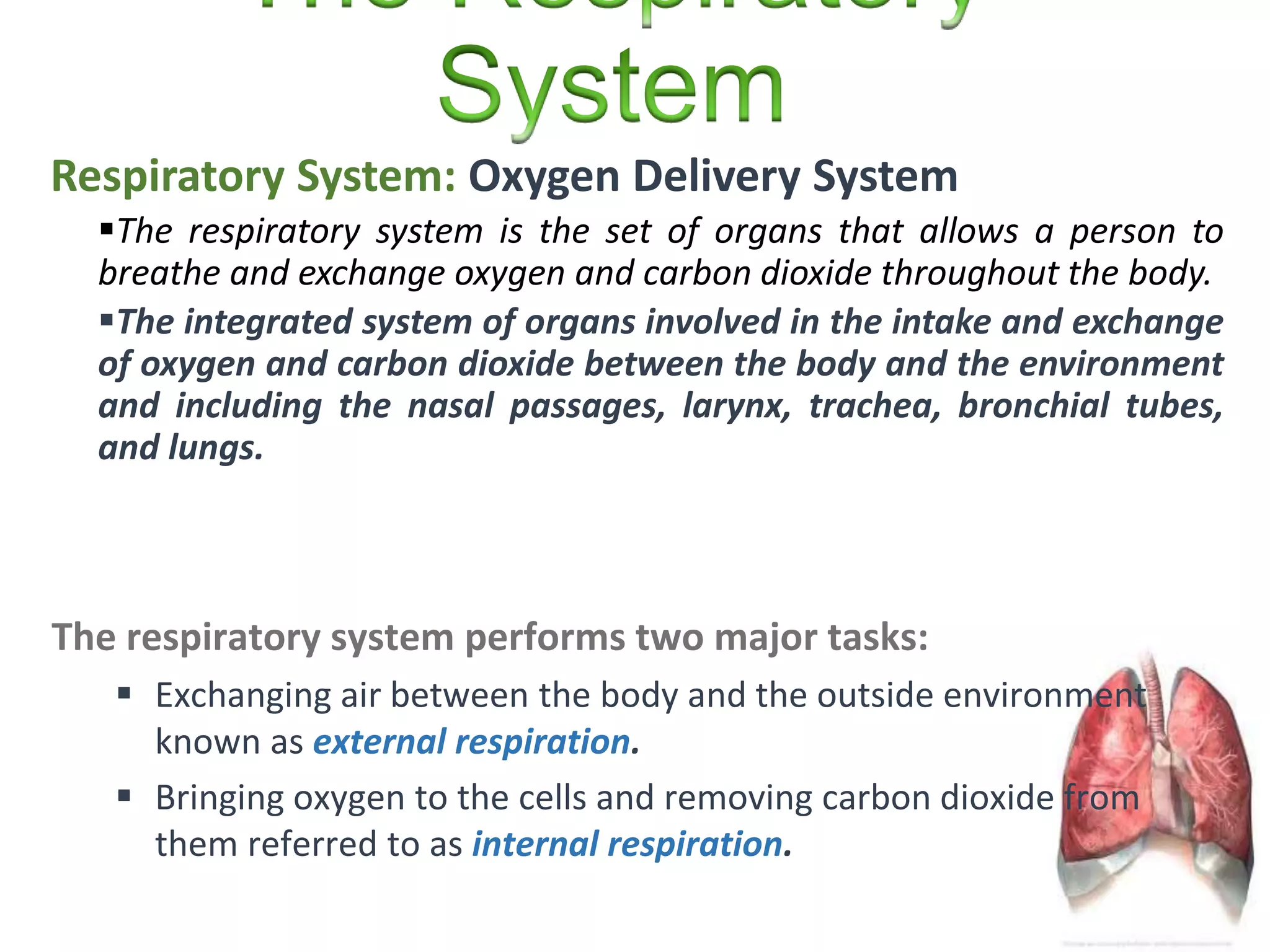 Respiratory System: Oxygen Delivery System
The respiratory system is the set of organs that allows a person to
breathe and exchange oxygen and carbon dioxide throughout the body.
The integrated system of organs involved in the intake and exchange
of oxygen and carbon dioxide between the body and the environment
and including the nasal passages, larynx, trachea, bronchial tubes,
and lungs.
The respiratory system performs two major tasks:
 Exchanging air between the body and the outside environment
known as external respiration.
 Bringing oxygen to the cells and removing carbon dioxide from
them referred to as internal respiration.
 