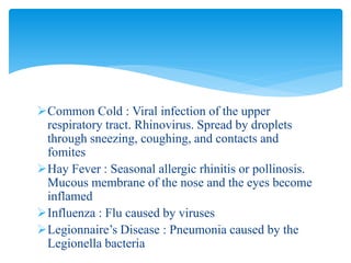 Common Cold : Viral infection of the upper
respiratory tract. Rhinovirus. Spread by droplets
through sneezing, coughing, and contacts and
fomites
Hay Fever : Seasonal allergic rhinitis or pollinosis.
Mucous membrane of the nose and the eyes become
inflamed
Influenza : Flu caused by viruses
Legionnaire’s Disease : Pneumonia caused by the
Legionella bacteria
 