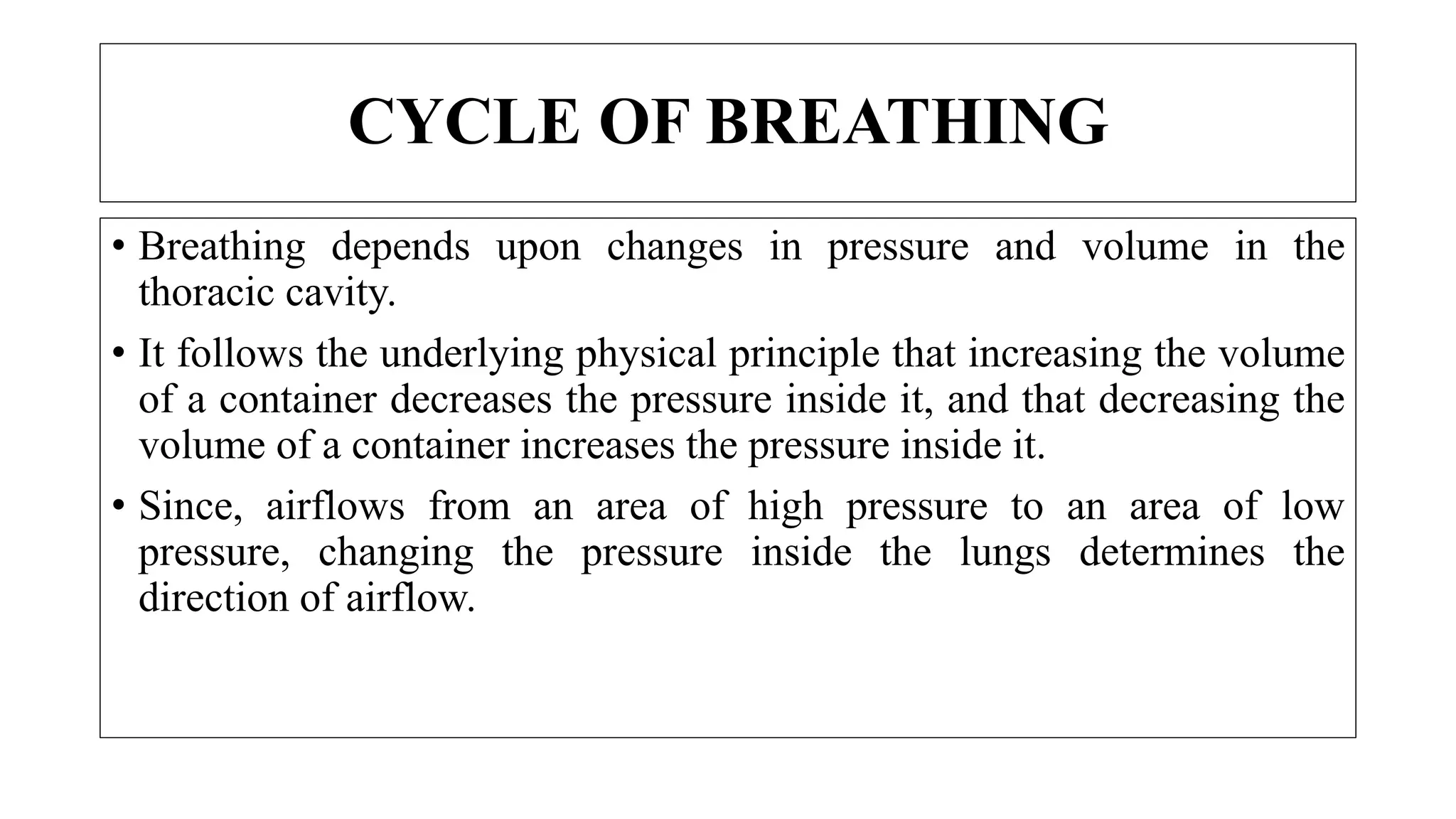 • Breathing depends upon changes in pressure and volume in the
thoracic cavity.
• It follows the underlying physical principle that increasing the volume
of a container decreases the pressure inside it, and that decreasing the
volume of a container increases the pressure inside it.
• Since, airflows from an area of high pressure to an area of low
pressure, changing the pressure inside the lungs determines the
direction of airflow.
CYCLE OF BREATHING
 