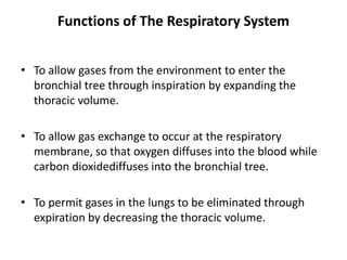 Functions of The Respiratory System
• To allow gases from the environment to enter the
bronchial tree through inspiration by expanding the
thoracic volume.
• To allow gas exchange to occur at the respiratory
membrane, so that oxygen diffuses into the blood while
carbon dioxidediffuses into the bronchial tree.
• To permit gases in the lungs to be eliminated through
expiration by decreasing the thoracic volume.
 