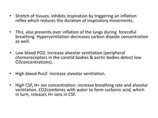 • Stretch of tissues: inhibits inspiration by triggering an inflation
reflex which reduces the duration of inspiratory movements.
• This, also prevents over inflation of the lungs during foreceful
breathing. Hyperventilation decreases carbon dioxide concentration
as well.
• Low blood PO2: increase alveolar ventilation (peripheral
chemoreceptors in the carotid bodies & aortic bodies detect low
O2concentrations).
• High blood Pco2: increase alveolar ventilation.
• High CSF, H+ ion concentration: increase breathing rate and alveolar
ventilation. CO2combines with water to form carbonic acid, which
in turn, releases H+ ions in CSF.
 