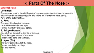 -: Parts Of The Nose :-
External Nose
Definition
The external nose is the visible part of the nose present on the face. It forms the
entrance of the respiratory system and allows air to enter the nasal cavity.
Parts of the External Nose
1. Root
The upper fixed part of the nose.
Located between the two eyes.
Formed mainly by the nasal bones.
2. Bridge (Dorsum)
Extends from the root to the tip of the nose.
Forms the upper surface of the nose.
Supported by bone and cartilage.
3. Apex (Tip)
The lower pointed end of the nose.
Formed mainly by cartilage.
Soft and flexible.
 