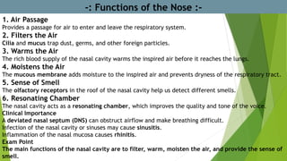 1. Air Passage
Provides a passage for air to enter and leave the respiratory system.
2. Filters the Air
Cilia and mucus trap dust, germs, and other foreign particles.
3. Warms the Air
The rich blood supply of the nasal cavity warms the inspired air before it reaches the lungs.
4. Moistens the Air
The mucous membrane adds moisture to the inspired air and prevents dryness of the respiratory tract.
5. Sense of Smell
The olfactory receptors in the roof of the nasal cavity help us detect different smells.
6. Resonating Chamber
The nasal cavity acts as a resonating chamber, which improves the quality and tone of the voice.
Clinical Importance
A deviated nasal septum (DNS) can obstruct airflow and make breathing difficult.
Infection of the nasal cavity or sinuses may cause sinusitis.
Inflammation of the nasal mucosa causes rhinitis.
Exam Point
The main functions of the nasal cavity are to filter, warm, moisten the air, and provide the sense of
smell.
-: Functions of the Nose :-
 