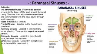 -: Paranasal Sinuses :-
Definition
The paranasal sinuses are air-filled cavities
present in the bones of the skull around the nasal
cavity. They are lined with mucous membrane
and communicate with the nasal cavity through
small openings.
Types of Paranasal Sinuses
Frontal Sinuses – Located in the frontal bone
(forehead).
Maxillary Sinuses – Located in the maxillary
bones (cheeks). They are the largest paranasal
sinuses.
Ethmoidal Sinuses – Located in the ethmoid
bone, between the two eyes.
Sphenoidal Sinuses – Located in the sphenoid
bone, behind the nasal cavity.
 
