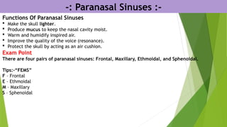 Functions Of Paranasal Sinuses
 Make the skull lighter.
 Produce mucus to keep the nasal cavity moist.
 Warm and humidify inspired air.
 Improve the quality of the voice (resonance).
 Protect the skull by acting as an air cushion.
Exam Point
There are four pairs of paranasal sinuses: Frontal, Maxillary, Ethmoidal, and Sphenoidal.
Tips:-“FEMS”
F – Frontal
E – Ethmoidal
M – Maxillary
S – Sphenoidal
-: Paranasal Sinuses :-
 