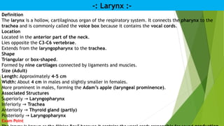-: Larynx :-
Definition
The larynx is a hollow, cartilaginous organ of the respiratory system. It connects the pharynx to the
trachea and is commonly called the voice box because it contains the vocal cords.
Location
Located in the anterior part of the neck.
Lies opposite the C3–C6 vertebrae.
Extends from the laryngopharynx to the trachea.
Shape
Triangular or box-shaped.
Formed by nine cartilages connected by ligaments and muscles.
Size (Adult)
Length: Approximately 4–5 cm
Width: About 4 cm in males and slightly smaller in females.
More prominent in males, forming the Adam’s apple (laryngeal prominence).
Associated Structures
Superiorly → Laryngopharynx
Inferiorly → Trachea
Anteriorly → Thyroid gland (partly)
Posteriorly → Laryngopharynx
Exam Point
 
