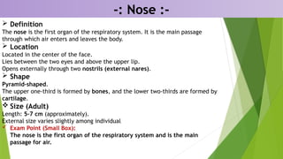 -: Nose :-
 Definition
The nose is the first organ of the respiratory system. It is the main passage
through which air enters and leaves the body.
 Location
Located in the center of the face.
Lies between the two eyes and above the upper lip.
Opens externally through two nostrils (external nares).
 Shape
Pyramid-shaped.
The upper one-third is formed by bones, and the lower two-thirds are formed by
cartilage.
 Size (Adult)
Length: 5–7 cm (approximately).
External size varies slightly among individual
 Exam Point (Small Box):
The nose is the first organ of the respiratory system and is the main
passage for air.
 