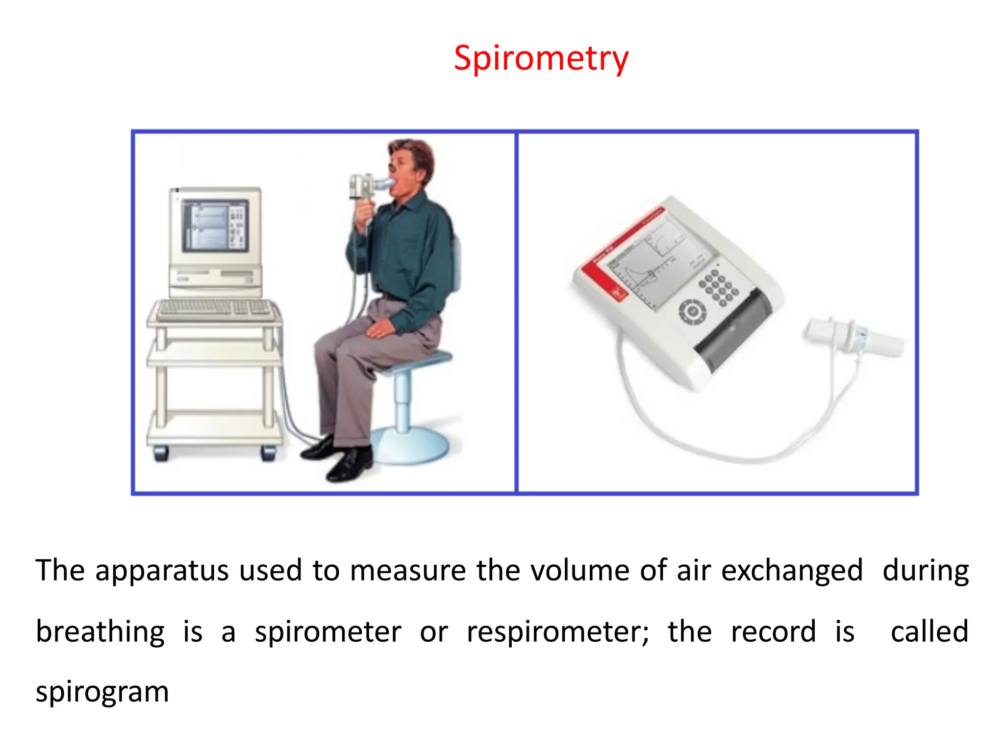 Spirometry
The apparatus used to measure the volume of air exchanged during
breathing is a spirometer or respirometer; the record is called
spirogram
 