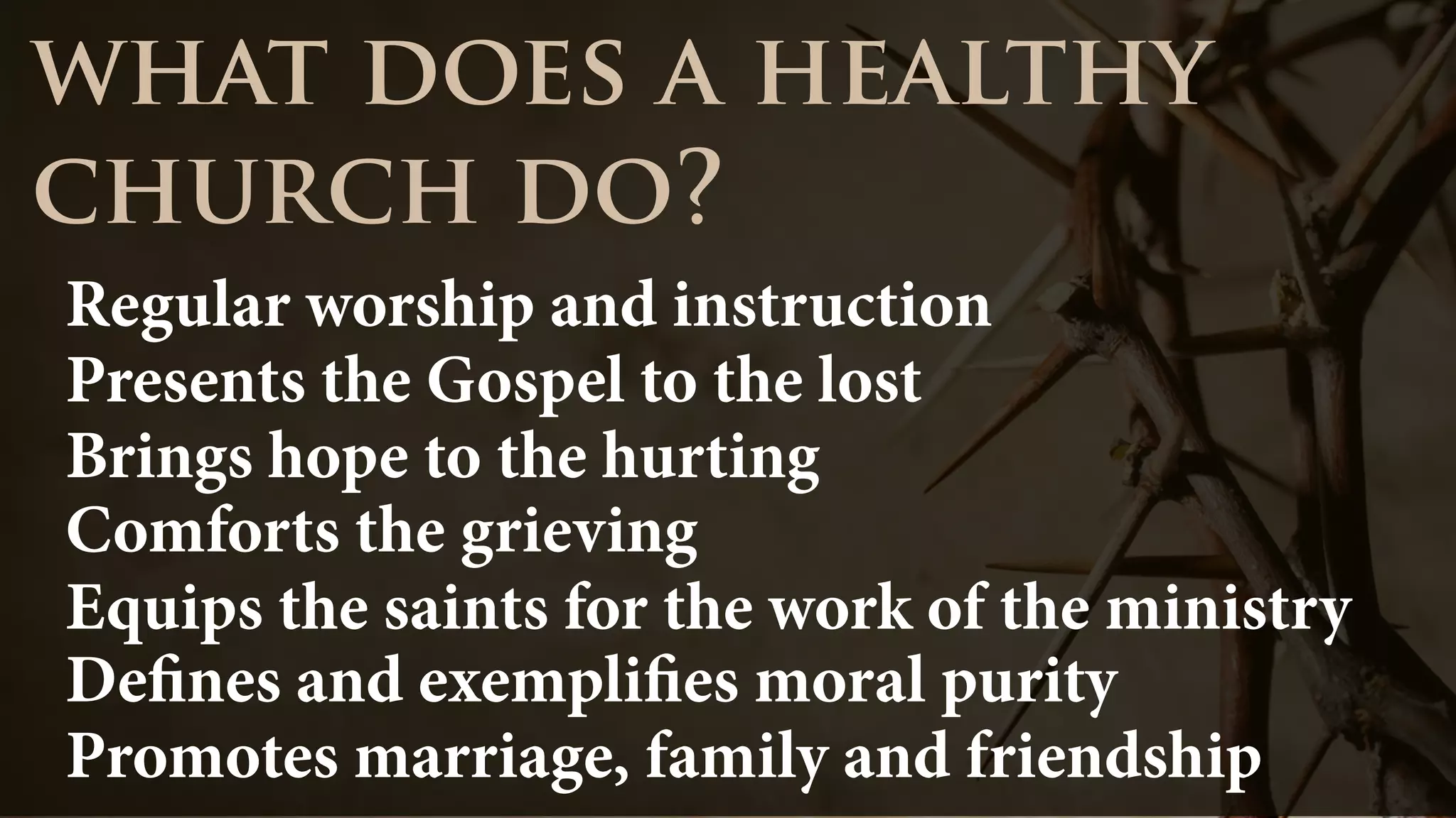 Regular worship and instruction
what does a healthy
church do?
Presents the Gospel to the lost
Brings hope to the hurting
Comforts the grieving
Equips the saints for the work of the ministry
Defines and exemplifies moral purity
Promotes marriage, family and friendship
 