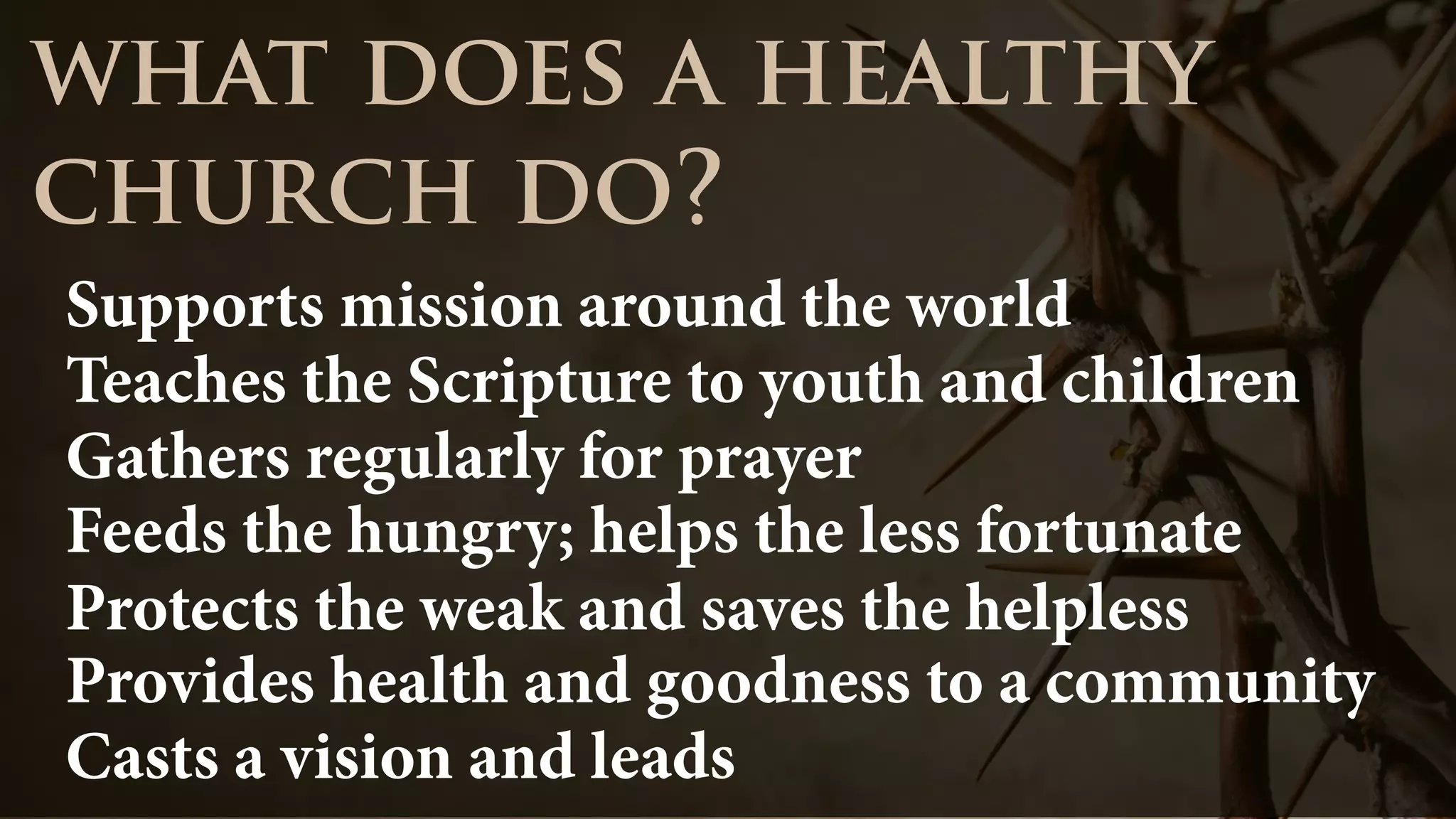 Supports mission around the world
what does a healthy
church do?
Teaches the Scripture to youth and children
Gathers regularly for prayer
Feeds the hungry; helps the less fortunate
Protects the weak and saves the helpless
Provides health and goodness to a community
Casts a vision and leads
 