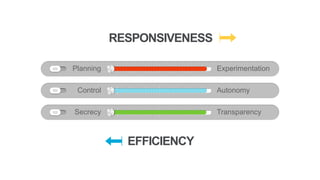 EFFICIENCY
Planning
Control
Secrecy
Experimentation
Autonomy
Transparency
RESPONSIVENESS
 