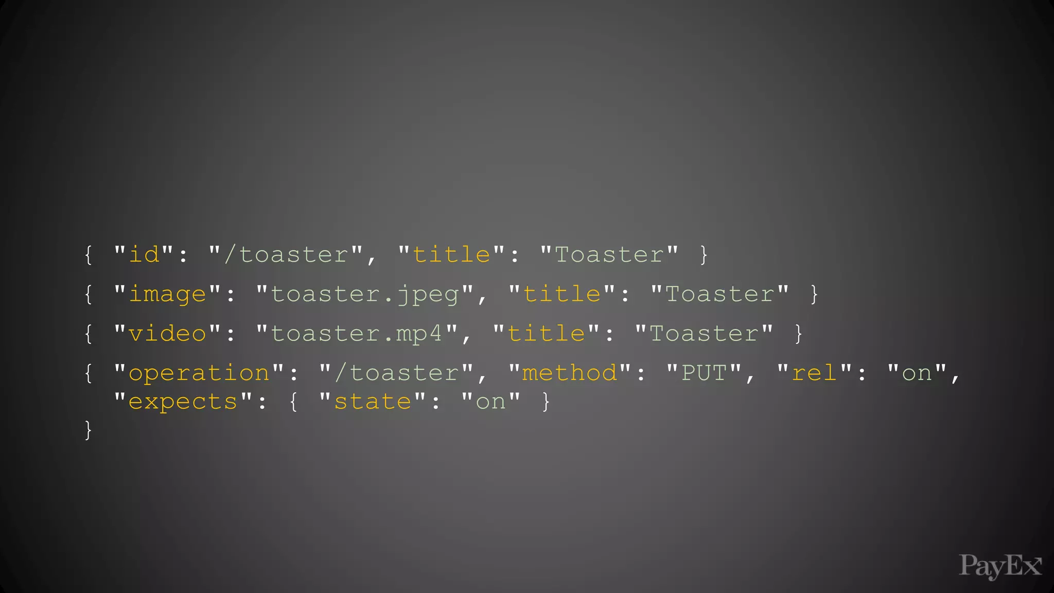 { "id": "/toaster", "title": "Toaster" }
{ "image": "toaster.jpeg", "title": "Toaster" }
{ "video": "toaster.mp4", "title": "Toaster" }
{ "operation": "/toaster", "method": "PUT", "rel": "on",
"expects": { "state": "on" }
}
 
