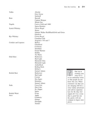 Basic Bar Inventory   ■   211


Vodka                   Absolut
                        Grey Goose
                        Smirnoff
Rum                     Bacardi
                        Captain Morgan
                        Mount Gay
Tequila                 Cuervo Gold and 1800
                        Sauza Hornitos
Scotch Whiskey          Chivas Regal
                        House
                        Johnnie Walker Red/Black/Gold and Green
                        Glenlivet
Rye Whiskey             Crown Royal
                        Canadian Club
                        Seagram’s VO and 7
Cordials and Liqueurs   Baileys
                        Chambord
                        Cointreau
                        Drambuie
                        Grand Marnier
                        Kahl´ a
                             u
                        Tia Maria
Draft Beer              Budweiser
                        Bud Light
                        Michelob Ultra
                        Michelob Light
                        AmberBock
                        Rolling Rock
                        Killian’s
                        Samuel Adams                                         One tip in
Bottled Beer            Budweiser                                            creating your
                        Bud Light                                            wine list is
                        Corona                                     to use unfamiliar wines
                        Dos Equis                                  so that people do not
                        Heineken                                   know the cost. When
                        Samuel Adams                               customers see that you
Soda                    Coca-Cola                                  are charging $30 for a
                        Diet Coke                                  wine widely advertised
                        Dr. Pepper                                 and sold in supermar-
                        Sprite                                     kets for $8, they feel
Bottled Water           Evian                                      ripped off. Use a wine
Juice                   Apple                                      that is good but one
                        Cranberry                                  the guests will not
                        Orange                                     compare to liquor store
                        Pineapple                                  prices.
                        Tomato
 