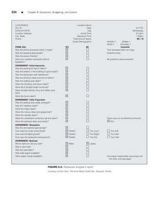 234     ■       Chapter 8 Operations, Budgeting, and Control




  LOCATION ID                                                         Location Name
  FILL ID                                                                         Date                                            9/17/07
  EVALUATOR ID                                                                     Day                                          Wednesday
  Location Address                                                        Arrival Time                                             6:10pm
  City, State                                                         Departure Time                                               7:30pm
  Phone                                                           Total amount Spent                                                $61.18
                                                                  Guest Demographic                 #Adults 2        #Males 1
                                                                                                    #Kids 0        #Females 1
  PHONE CALL                                            YES                     NO                                  Comments
  Was the phone answered within 3 rings?                                                            Terri answered after two rings.
  Was the greeting appropriate?                                                                     Cheerful voicel
  Was the person friendly?
  Was your question answered without                                                                All questions were answered.
  hesitation?
  ENVIRONMENT–Initial Impression
  Was the parking lot free of debris?
  Was the exterior of the building in good repair?
  Was the landscape well maintained?
  Was the entrance dean and free of debris?
  Was the waiting area clean?
  Were the windows and doors clean?
  Were all of the light bulbs functional?
  Were the light ﬁxtures, fans and rafters dust
  free?
  Were the ﬂoors clean?
  ENVIRONMENT–Table Preparation
  Was the seating area neatly arranged?
  Was the Tabletop clean?
  Were the chairs clean?
  Were the menus clean and grease free?
  Were the utensils clean?
  Were the condiment containers full and clean?                                                     There were no condiments at the bar
  Were the ashtrays clean and empty?                                                                   N/A
  ENVIRONMENT–Atmosphere
  Was the atmosphere appropriate?
  How was the music sound level?                              Perfect                Too Loud           Too Soft
  How was the lighting level?                                 Perfect                Too Bright         Too Dark
  How was the restaurant temperature?                         Perfect                Too Hot            Too Cold
  ENVIRONMENT–Restroom
  Which restroom did you visit?                               Mens                   Ladies
  Was it odor free?
  Was the area clean?
  Was toilet paper available?
  Were paper towels available?                                                                      One paper towel holder was empty but
                                                                                                      the other one had paper.


                                      FIGURE 8.2: Restaurant shopper’s report
                                      Courtesy of John Horn, The Anna Maria Oyster Bar, Sarasota, Florida
 