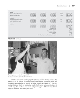 Back of the House     ■    237



    Entrees
        ´
    Grouper, Dinner Portabella                     1    2   3          1    2   3            1   2   3         13.99          Yes   No
    Grouper, Dinner Fried                          1    2   3          1    2   3            1   2   3         11.99          Yes   No
                                                   1    2   3          1    2   3            1   2   3                        Yes   No
    Side Items
    Red Potatoes/Garlic Carrots                    1    2   3          1    2   3            1   2   3          incl          Yes   No
    Red Potatoes/Cole Slaw                         1    2   3          1    2   3            1   2   3          incl          Yes   No
                                                   1    2   3          1    2   3            1   2   3                        Yes   No
    Desserts
                                                   1    2   3          1    2   3            1 2 3                            Yes No
                                                   1    2   3          1    2   3            1 2 3                            Yes No
                                                                                          Receipt Total                         $53:18
                                                                                       Gratuity Amount                           $8.00
                                                                                   Total Amount Spent                           $61:18
                                                                                        Check Number                             20032
                                                                                               Server #                            Jim
                                                                For Ofﬁce Use Only-Reimbursed Amount                            $54.27


FIGURE 8.2: (continued)




Thanking a crew member for a great shift
Courtesy of Anna Maria Oyster Bar, Bradenton, Florida

    After the service, the food is properly put away and the cleanup is done, the
par stocks for all stations for the next service are checked, orders are made, and
production schedules for all stations are done. As you well know, it’s a never-
ending challenge that is so fascinating to all who love the restaurant business. It
sounds easy, but ask those who know and you may get a different story. Don’t
forget to thank the crew for a great shift!
 
