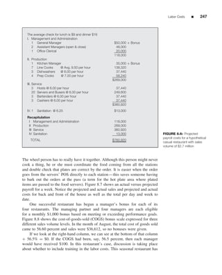 Labor Costs       ■     247



   The average check for lunch is $9 and dinner $16
   I. Management and Administration
      1 General Manager                                 $50,000 + Bonus
      2 Assistant Managers (open & close)                48,000
      1 Ofﬁce Clerical                                   20,000
                                                        118,000
   II. Production
       1 Kitchen Manager                                 35,000 + Bonus
       7 Line Cooks    @ Avg. 9.50 per hour             138,320
       3 Dishwashers   @ 6.00 per hour                   37,440
       4 Prep Cooks     @ 7.00 per hour                  58,240
                                                       $269,000
   III. Service
        3 Hosts @ 6.00 per hour                          37,440
        20 Servers and Busers @ 6.00 per hour           249,600
        3 Bartenders @ 6.00 per hour                     37,440
        3 Cashiers @ 6.00 per hour                       37,440
                                                       $360,920
   IV. 1   Sanitation @ 6.25                            $13,000

   Recapitulation
    I Management and Administration                     118,000
    II Production                                       269,000
    III Service                                         360,920
    IV Sanitation                                        13,000                       FIGURE 8.6: Projected
                                                                                      payroll costs for a hypothetical
     TOTAL                                             $760,920
                                                                                      casual restaurant with sales
                                                                                      volume of $2.7 million



The wheel person has to really have it together. Although this person might never
cook a thing, he or she must coordinate the food coming from all the stations
and double check that plates are correct by the order. It is easier when the order
goes from the servers’ POS directly to each station—this saves someone having
to bark out the orders at the pass (a term for the hot plate area where plated
items are passed to the food servers). Figure 8.7 shows an actual versus projected
payroll for a week. Notice the projected and actual sales and projected and actual
costs for back and front of the house as well as the total per day and week to
date.
     One successful restaurant has begun a manager’s bonus for each of its
four restaurants. The managing partner and four managers are each eligible
for a monthly $1,000 bonus based on meeting or exceeding performance goals.
Figure 8.8 shows the cost-of-goods-sold (COGS) bonus scale expressed for three
different sales volume levels. In the month of August, the total cost of goods sold
came to 56.60 percent and sales were $36,612, so no bonuses were given.
     If we look at the right-hand column, we can see at the bottom of that column
+ 56.5% = $0. If the COGS had been, say, 56.5 percent, then each manager
would have received $100. In this restaurant’s case, discussion is taking place
about whether to include training in the labor costs. This seasonal restaurant has
 