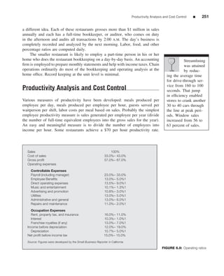 Productivity Analysis and Cost Control   ■    251


a different idea. Each of these restaurants grosses more than $1 million in sales
annually and each has a full-time bookkeeper, or auditor, who comes on duty
in the afternoon and audits all transactions by 2:00 A.M. The day’s business is
completely recorded and analyzed by the next morning. Labor, food, and other
percentage ratios are computed daily.
     The smaller restaurant is likely to employ a part-time person in his or her
home who does the restaurant bookkeeping on a day-by-day basis. An accounting                                       Streamlining
ﬁrm is employed to prepare monthly statements and help with income taxes. Chain                                     was attained
operations ordinarily do most of the bookkeeping and operating analysis at the                                      by reduc-
home ofﬁce. Record keeping at the unit level is minimal.                                                 ing the average time
                                                                                                         for drive-through ser-
                                                                                                         vice from 160 to 100
Productivity Analysis and Cost Control                                                                   seconds. That jump
                                                                                                         in efﬁciency enabled
Various measures of productivity have been developed: meals produced per                                 stores to crank another
employee per day, meals produced per employee per hour, guests served per                                30 to 40 cars through
waitperson per shift, labor costs per meal based on sales. Probably the simplest                         the line at peak peri-
employee productivity measure is sales generated per employee per year (divide                           ods. Window sales
the number of full-time equivalent employees into the gross sales for the year).                         increased from 56 to
An easy and meaningful measure is to divide the number of employees into                                 63 percent of sales.
income per hour. Some restaurants achieve a $70 per hour productivity rate.




   Sales                                                           100%
   Cost of sales                                               33.0%– 43.0%
   Gross proﬁt                                                 57.0%– 67.0%
   Operating expenses
     Controllable Expenses
     Payroll (including manager)                               23.0%–   33.0%
     Employee Beneﬁts                                          13.0%–   5.0%1
     Direct operating expenses                                 13.5%–   9.0%1
     Music and entertainment                                   10.1%–   1.3%1
     Advertising and promotion                                 10.8%–   3.0%1
     Utilities                                                 13.0%–   5.0%1
     Administrative and general                                13.0%–   6.0%1
     Repairs and maintenance                                   11.0%–   2.0%1
     Occupation Expenses
     Rent, property tax, and insurance                        16.0%– 11.0%
     Interest                                                 10.3%– 1.0%1
     Franchise royalties (if any)                             13.0%– 7.0%1
   Income before depreciation                                 12.0%– 19.0%
     Depreciation                                             10.7%– 5.0%1
   Net proﬁt before income tax                                15.0%– 15.0%
   Source: Figures were developed by the Small Business Reporter in California

                                                                                                      FIGURE 8.9: Operating ratios
 