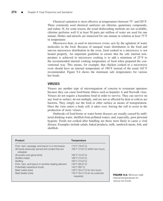 274    ■     Chapter 9 Food Production and Sanitation


                                    Chemical sanitation is most effective at temperatures between 75◦ and l20◦ F.
                               Three commonly used chemical sanitizers are chlorine, quaternary compounds,
                               and iodine. If, for some reason, the usual dishwashing methods are not available,
                               chlorine performs well if at least 50 parts per million of water are used for one
                               minute. Dishes and utensils are immersed for one minute in solution at least 75◦ F
                               in temperature.
                                    Microwave heat, as used in microwave ovens, acts by the agitation of water
                               molecules in the food. Because of unequal water distribution in the food and
                               uneven microwave distribution in the oven, food cooked in a microwave is not
                               heated properly. An important guideline to ensure that the safe internal tem-
                               perature is achieved in microwave cooking is to add a minimum of 25◦ F to
                               the recommended internal cooking temperature of food when prepared the con-
                               ventional way. This means, for example, that chicken cooked in a microwave
                               oven should have an internal temperature of 190◦ F instead of the usual 165◦ F
                               recommended. Figure 9.4 shows the minimum safe temperatures for various
                               hot foods.

                               VIRUSES
                               Viruses are another type of microorganism of concern to restaurant operators
                               because they can cause food-borne illness such as hepatitis A and Norwalk virus.
                               Viruses do not require a hazardous food in order to survive. They can survive on
                               any food or surface, do not multiply, and are not as affected by heat or cold as are
                               bacteria. They simply use the food or other surface as means of transportation.
                               Once the virus enters a body cell, it takes over, forcing the cell to assist in the
                               production of more viruses.
                                    Outbreaks of food-borne or water-borne diseases are usually caused by unﬁl-
                               tered drinking water, shellﬁsh from polluted waters, and, especially, poor personal
                               hygiene. Foods not cooked after handling are those most likely to cause a viral
                               disease. Examples include salads, baked products, milk, sandwich meats, ﬁsh, and
                               shellﬁsh.



  Product                                           Temperature

  Pork, ham, sausage, and bacon in a microwave      170◦ F (76.6◦ C)
  All foods previously served and cooled that are   165◦ F (73.9◦ C) within two hours
     reheated
  All poultry and game birds                        165◦ F (73.9◦ C)
  Stuffed meats                                     165◦ F (73.9◦ C)
  Stufﬁng                                           165◦ F (73.9◦ C)
  Pork, ham, and bacon in another heating element   150◦ F (65.6◦ C)
  Potentially hazardous foods                       140◦ F (60◦ C)
  Beef roasts (rare)                                130◦ F (54.4◦ C) for two hours
  Beef steaks (rare)                                130◦ F (54.4◦ C) (or as customer
                                                                                        FIGURE 9.4: Minimum safe
                                                      requests)
                                                                                        internal temperatures for
                                                                                        various hot foods
 