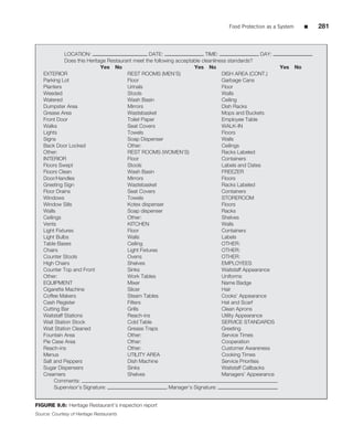 Food Protection as a System        ■   281



             LOCATION:                            DATE:                    TIME:                     DAY:
             Does this Heritage Restaurant meet the following acceptable cleanliness standards?
                             Yes No                                  Yes No                                 Yes    No
   EXTERIOR                             REST ROOMS (MEN’S)                        DISH AREA (CONT.)
   Parking Lot                          Floor                                     Garbage Cans
   Planters                             Urinals                                   Floor
   Weeded                               Stools                                    Walls
   Watered                              Wash Basin                                Ceiling
   Dumpster Area                        Mirrors                                   Dish Racks
   Grease Area                          Wastebasket                               Mops and Buckets
   Front Door                           Toilet Paper                              Employee Table
   Walks                                Seat Covers                               WALK-IN
   Lights                               Towels                                    Floors
   Signs                                Soap Dispenser                            Walls
   Back Door Locked                     Other:                                    Ceilings
   Other:                               REST ROOMS (WOMEN’S)                      Racks Labeled
   INTERIOR                             Floor                                     Containers
   Floors Swept                         Stools                                    Labels and Dates
   Floors Clean                         Wash Basin                                FREEZER
   Door/Handles                         Mirrors                                   Floors
   Greeting Sign                        Wastebasket                               Racks Labeled
   Floor Drains                         Seat Covers                               Containers
   Windows                              Towels                                    STOREROOM
   Window Sills                         Kotex dispenser                           Floors
   Walls                                Soap dispenser                            Racks
   Ceilings                             Other:                                    Shelves
   Vents                                KITCHEN                                   Walls
   Light Fixtures                       Floor                                     Containers
   Light Bulbs                          Walls                                     Labels
   Table Bases                          Ceiling                                   OTHER:
   Chairs                               Light Fixtures                            OTHER:
   Counter Stools                       Ovens                                     OTHER:
   High Chairs                          Shelves                                   EMPLOYEES
   Counter Top and Front                Sinks                                     Waitstaff Appearance
   Other:                               Work Tables                               Uniforms
   EQUIPMENT                            Mixer                                     Name Badge
   Cigarette Machine                    Slicer                                    Hair
   Coffee Makers                        Steam Tables                              Cooks’ Appearance
   Cash Register                        Filters                                   Hat and Scarf
   Cutting Bar                          Grills                                    Clean Aprons
   Waitstaff Stations                   Reach-ins                                 Utility Appearance
   Wait Station Stock                   Cold Table                                SERVICE STANDARDS
   Wait Station Cleaned                 Grease Traps                              Greeting
   Fountain Area                        Other:                                    Service Times
   Pie Case Area                        Other:                                    Cooperation
   Reach-ins                            Other:                                    Customer Awareness
   Menus                                UTILITY AREA                              Cooking Times
   Salt and Peppers                     Dish Machine                              Service Priorities
   Sugar Dispensers                     Sinks                                     Waitstaff Callbacks
   Creamers                             Shelves                                   Managers’ Appearance
        Comments:
        Supervisor’s Signature:                            Manager’s Signature:


FIGURE 9.6: Heritage Restaurant’s inspection report
Source: Courtesy of Heritage Restaurants
 