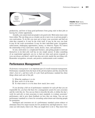 Performance Management         ■     301




       Needs
      Desires
                            Motivation
       Fears
     Aspirations                                                                        FIGURE 10.3: Needs,
                                                                                        desires, fears, and aspirations
                                                                                        lead to motivation


productivity, and how to keep good performers from going stale in their jobs or
leaving for a better opportunity.
     Actually, you cannot motivate people to do good work. Motivation must come
from within. The one thing you as a leader can do is turn it on, to activate people’s
own motivations. To do this you must get to know your associates and ﬁnd out
what they respond to. It may be the work itself. It may be the way you lead.
It may be the work environment. It may be their individual goals: recognition,
achievement, challenging opportunities, money, or whatever. Figure 10.3 shows
the relationship of key motivators: needs, desires, fears, and aspirations.
     In sum, motivation is a complicated business, and getting people to motivate
themselves to do their jobs well has no one simple answer. It takes something
of an experiential approach; you try to ﬁnd out what each person responds to
(you can always ask them!), and if one does not work, maybe the next thing will.
Remember recognition, rewards, and positive reinforcement work wonders.


Performance Management13
Performance management is an important part of overall restaurant management.
Performance standards form the heart of the job description and they describe the
what’s, how-to’s, and how-wells of a job. Each performance standard has three
things about each unit of the job:

    1. What the employee is to do
    2. How well it is to be done
    3. To what extent it is to be done (how much, how soon)

     If you develop a full set of performance standards for each job that you are
responsible for, you have the basis for a management system for your associates
and the work they do. You can use them to describe the jobs, to deﬁne the day’s
work for each job, to train associates to meet standards, to evaluate associates’
performance, and to give them feedback on how they are doing. You can use
performance standards as a basis for rewarding achievement and selecting people
for promotion.
     Intelligent and consistent use of a performance standard system reduces or
eliminates those ﬁve major reasons for low productivity and high turnover. Asso-
ciates are told clearly what to do. They are taught how to do it. They know how
 