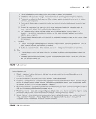 Job Descriptions         ■    321



           .    6. Follows established policy in making station assignments for waiters and waitresses.
                7. Establishes, with approval of manager, standards of conduct, grooming, personal hygiene, and dress.
                8. Prepares, in consultation and with approval of the manager, applied standards of performance for waiters,
                   waitresses, and buspersons.
                9. Recommends deserving employees for promotion and outstanding performers for special recognition and
                   award.
               10. Strives at all times through the practice of good human relations and leadership to establish esprit de
                   corps—teamwork, unity of effort, and individual and group pride.
               11. Has a responsibility to maintain and keep a keen and constant alertness to the entire dining room
                   situation—a sensitivity to any deviation or problem—and to assist quickly and quietly in its correction,
                   adjusting guest complaints.
               12. Greets and seats guests cordially and courteously, to assure a sincere welcome and genuine interest in their
                   dining pleasure.
      D.   Controlling
                1. Controls, according to established policies, standards, and procedures, employees’ performance, conduct,
                   dress, hygiene, sanitation, and personal appearance.
                2. Studies all evidence of waste—time, materials, and so on—making recommendations for prevention.
      E. Other
                1. On emergency occasions may serve guests, act as cashier, or perform speciﬁcally assigned duties of the
                   manager.
                2. Personiﬁes graciousness and hospitality to guests and employees on the basis of ‘‘We’re glad you’re here’’
                   and ‘‘We’re proud to serve you.’’



FIGURE 11.3: (continued)



   Position: Hostess/Host
      1.   Maturity—capable of relating effectively to elder and younger patrons and employees. Observable personal
           competence and stability.
      2.   Education—minimum of a high school education required, some college desired.
      3.   Experience—prior positions as a waitress/waiter required, experience as a hostess/host desired. Possess ability to
           perform as cashier and assist in table clearings. Prior supervisory experience desired. Basic understanding of food,
           service skills, sanitation, and dining room equipment mandatory.
      4.   Physical requirements—appropriate physical stature, excellent hearing and vision. Observable strength to be able to
           walk and stand for long periods without noticeable fatigue.
      5.   Mental requirements—observable average intelligence, ability to retain sense of order and balance of patron seating
           placements. Ability to relate to several persons concurrently in a pleasing and prompt manner.
      6.   General character—observable conscientiousness, good grooming, basically pleasant, and exudes an attitude of
           willing cooperation. Possesses a ‘‘taking charge’’ demeanor of personal authority. Speaks clearly and with
           acceptable volume and intonation. Possesses personal conﬁdence.



FIGURE 11.4: Job speciﬁcation
 