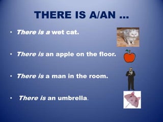 THERE IS A/AN ...
• There is a wet cat.


• There is an apple on the floor.


• There is a man in the room.


• There is an umbrella.
 
