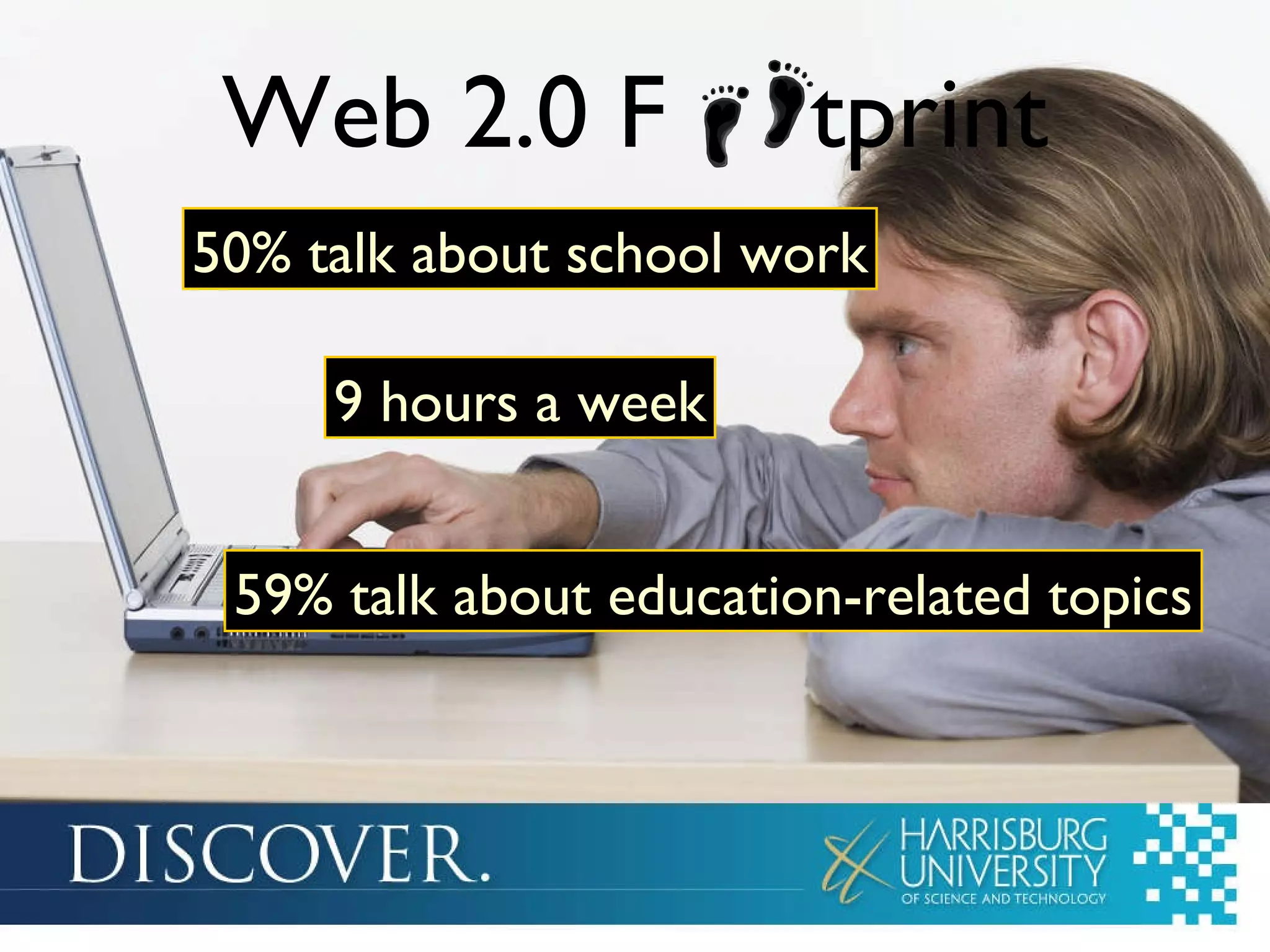 Web 2.0 F  tprint 9 hours a week 59% talk about education-related topics 50% talk about school work 