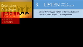 - LET GO
- LET GROW
- LISTEN
- LEGACY
• Listen to ‘look for value’ in the midst of noise
- Alcoa, Klaus Kleinfeld / Lazurde gold dust
3. LISTEN WITH A
LOOKING EAR
The
Retention
Paradigm
 