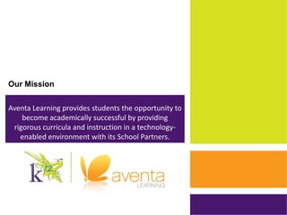 Our Mission Aventa Learning provides students the opportunity to become academically successful by providing rigorous curricula and instruction in a technology-enabled environment with its School Partners.  