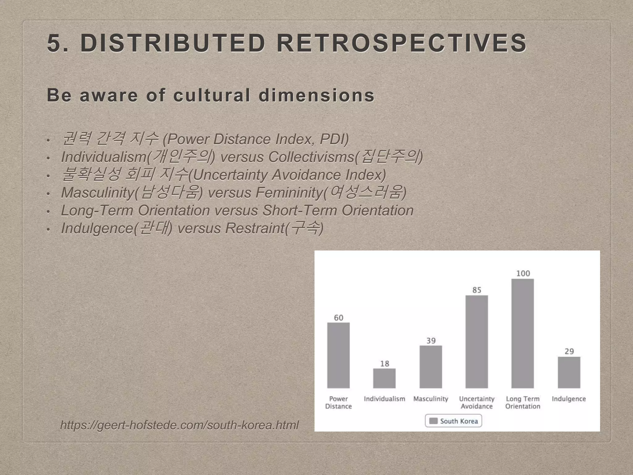 Be aware of cultural dimensions
• 권력 간격 지수 (Power Distance Index, PDI)
• Individualism(개인주의) versus Collectivisms(집단주의)
• 불확실성 회피 지수(Uncertainty Avoidance Index)
• Masculinity(남성다움) versus Femininity(여성스러움)
• Long-Term Orientation versus Short-Term Orientation
• Indulgence(관대) versus Restraint(구속)
https://geert-hofstede.com/south-korea.html
5. DISTRIBUTED RETROSPECTIVES
 