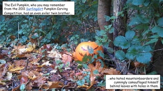 The Evil Pumpkin, who you may remember
from the 2011 Surfingdirt Pumpkin Carving
Competition, had an even eviler twin brother...

…who hated mountainboarders and
cunningly camouflaged himself
behind leaves with holes in them.

 