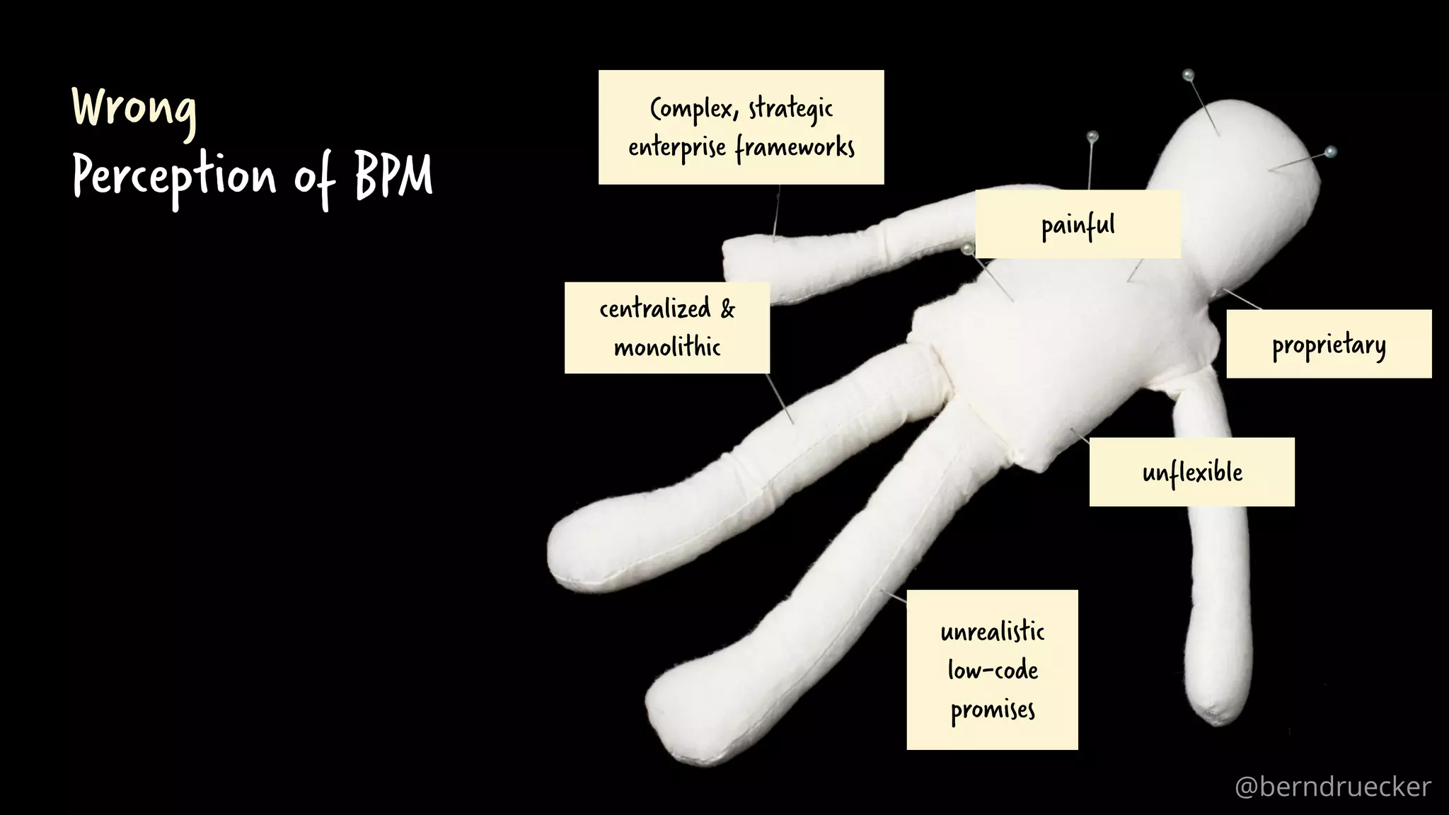 Wrong
Perception of BPM
Complex, strategic
enterprise frameworks
unrealistic
low-code
promises
proprietary
centralized &
monolithic
unflexible
@berndruecker
painful
 