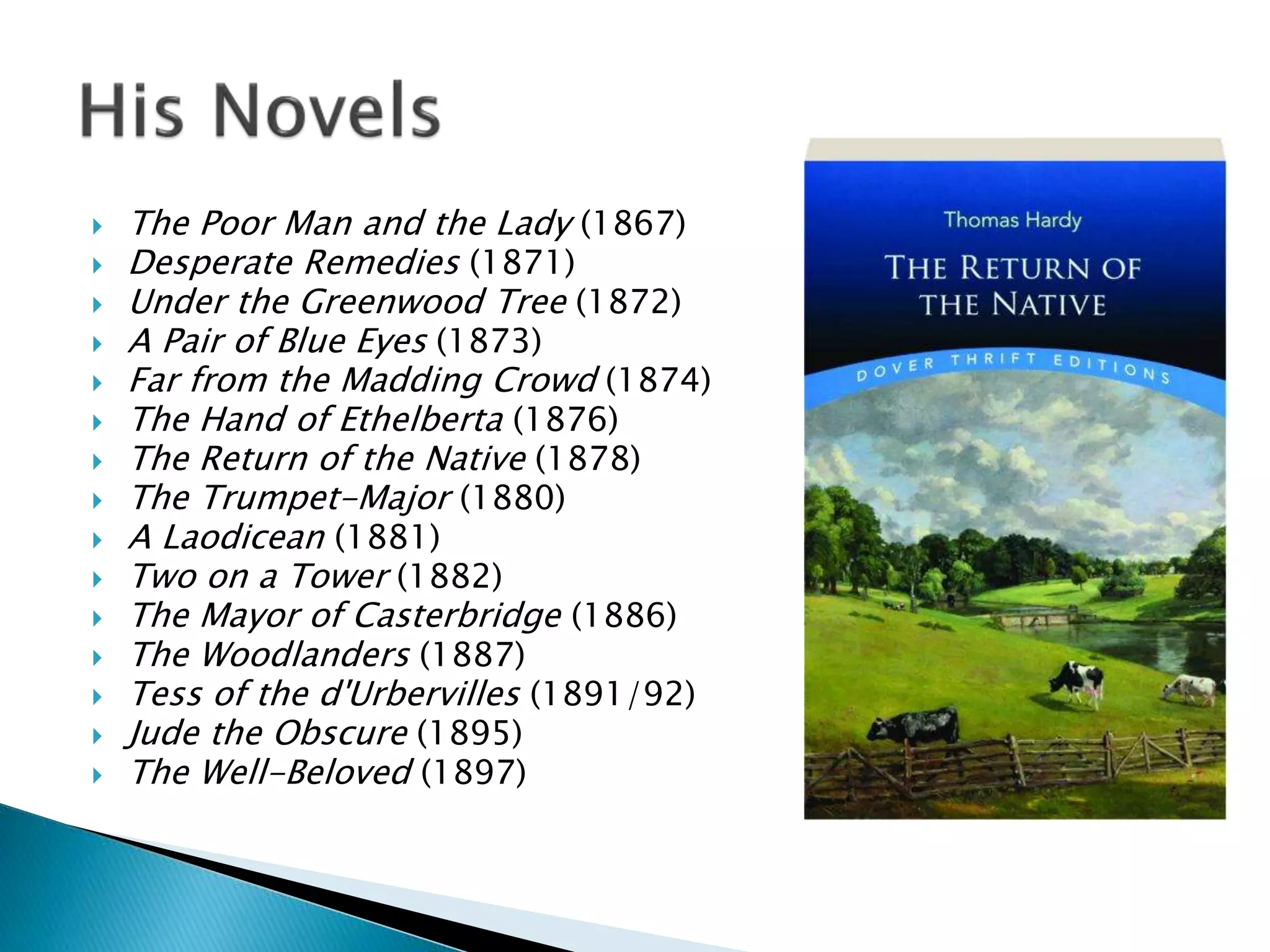  The Poor Man and the Lady (1867)
 Desperate Remedies (1871)
 Under the Greenwood Tree (1872)
 A Pair of Blue Eyes (1873)
 Far from the Madding Crowd (1874)
 The Hand of Ethelberta (1876)
 The Return of the Native (1878)
 The Trumpet-Major (1880)
 A Laodicean (1881)
 Two on a Tower (1882)
 The Mayor of Casterbridge (1886)
 The Woodlanders (1887)
 Tess of the d'Urbervilles (1891/92)
 Jude the Obscure (1895)
 The Well-Beloved (1897)
 