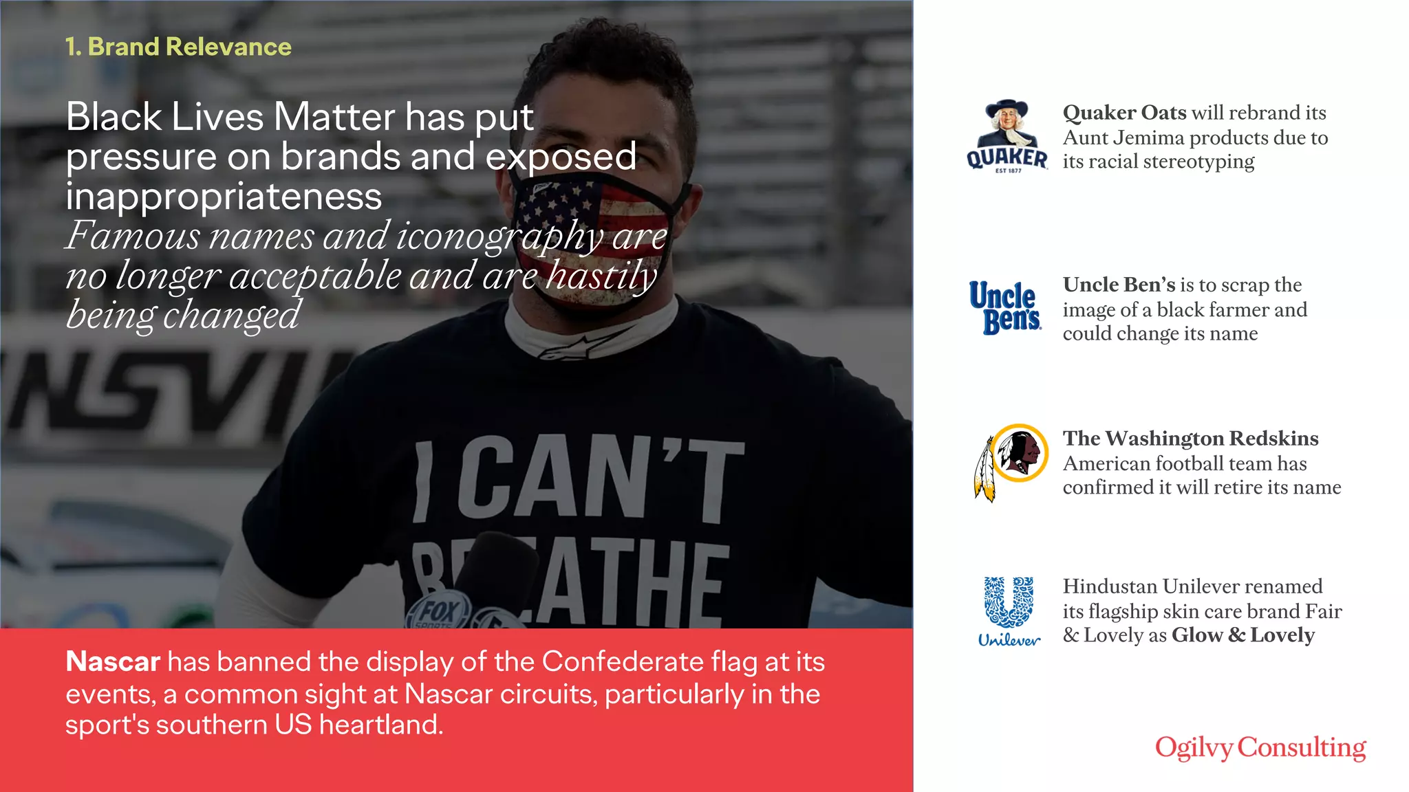 Black Lives Matter has put
pressure on brands and exposed
inappropriateness
Famous names and iconography are
no longer acceptable and are hastily
being changed
1. Brand Relevance
Nascar has banned the display of the Confederate flag at its
events, a common sight at Nascar circuits, particularly in the
sport's southern US heartland.
Hindustan Unilever renamed
its flagship skin care brand Fair
& Lovely as Glow & Lovely
The Washington Redskins
American football team has
confirmed it will retire its name
Uncle Ben’s is to scrap the
image of a black farmer and
could change its name
Quaker Oats will rebrand its
Aunt Jemima products due to
its racial stereotyping
 