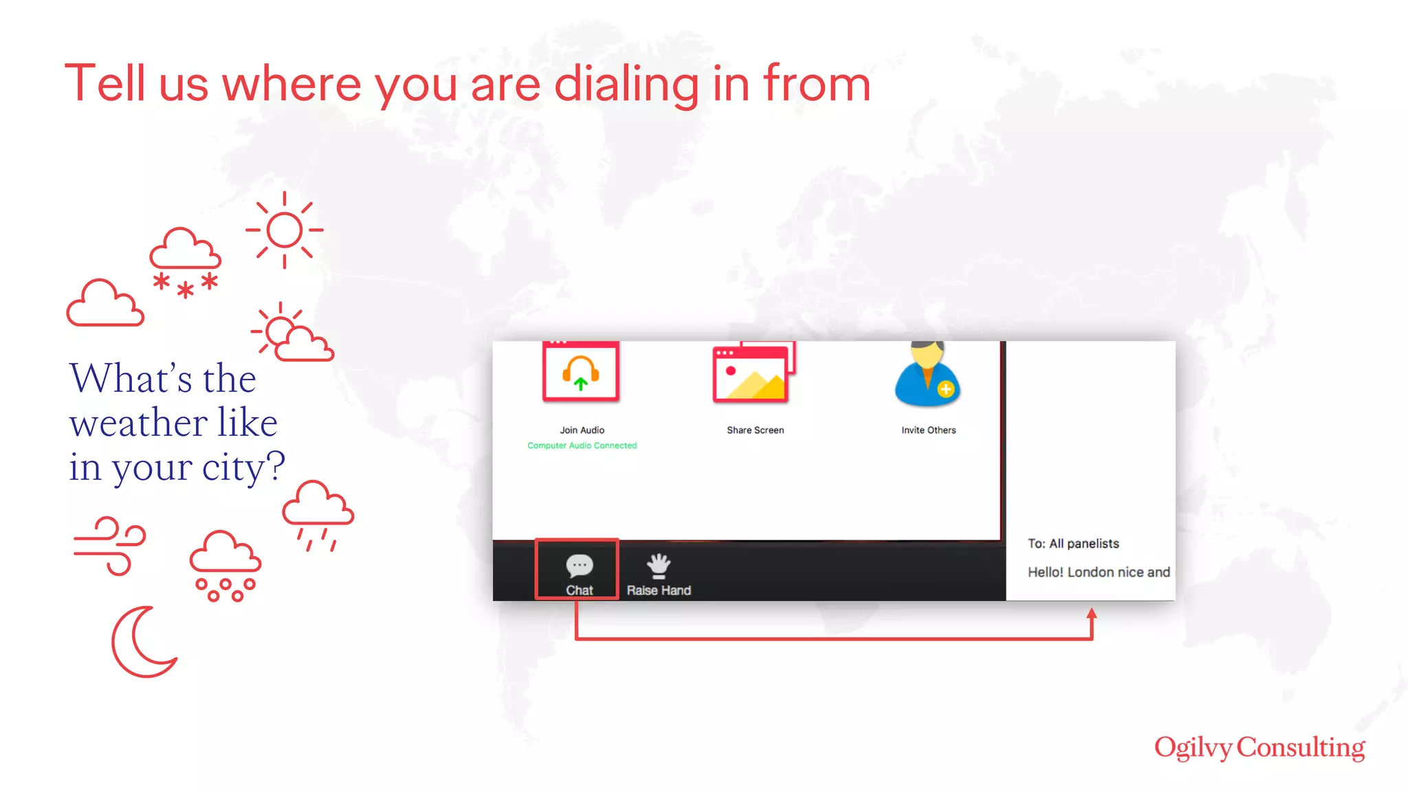 Tell us where you are dialing in from
What’s the
weather like
in your city?
 