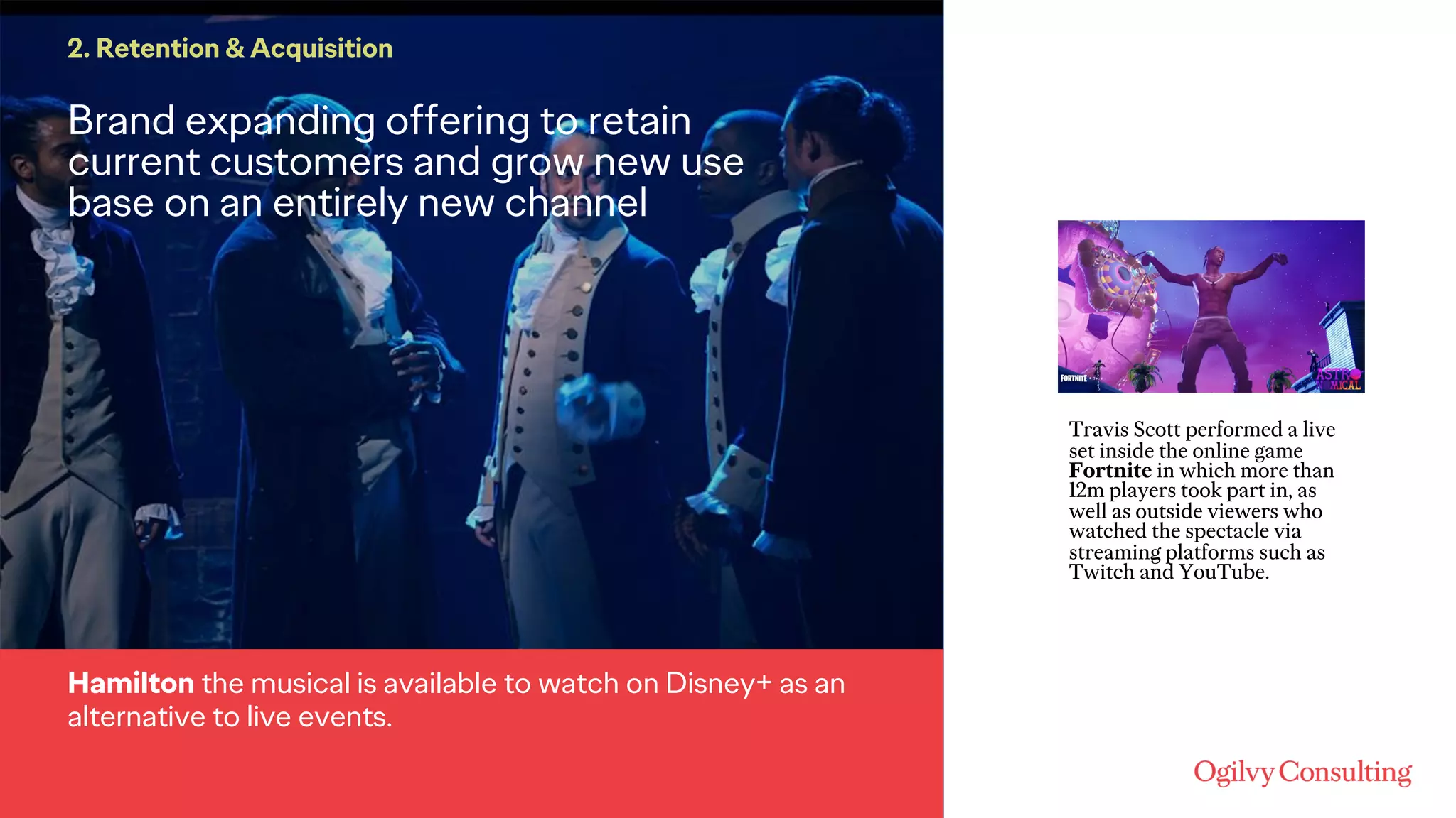 Brand expanding offering to retain
current customers and grow new use
base on an entirely new channel
2. Retention & Acquisition
Hamilton the musical is available to watch on Disney+ as an
alternative to live events.
Travis Scott performed a live
set inside the online game
Fortnite in which more than
12m players took part in, as
well as outside viewers who
watched the spectacle via
streaming platforms such as
Twitch and YouTube.
 