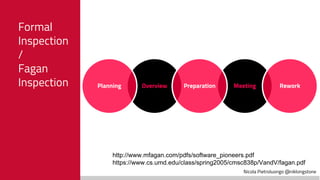 Nicola Pietroluongo @niklongstone
Formal
Inspection
/
Fagan
Inspection Meeting
http://www.mfagan.com/pdfs/software_pioneers.pdf
https://www.cs.umd.edu/class/spring2005/cmsc838p/VandV/fagan.pdf
OverviewPlanning Preparation Rework
 