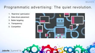 9
Programmatic advertising: The quiet revolution.
1. ’Real-time’ optimization
2. Data driven placement
3. Better targeting
4. Transparency
5. Competition
 