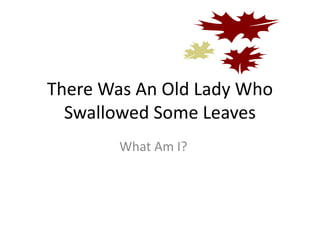 There Was An Old Lady Who 
Swallowed Some Leaves 
What Am I? 
 