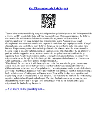 Gel Electrophoresis Lab Report
You can view macromolecules by using a technique called gel electrophoresis. Gel electrophoresis is
a process used by scientists to study and view macromolecules. This process separates the different
macromolecules and coats the different macromolecules so you can easily see them. A
macromolecule is a very large molecule that contains many atoms. Agarose is used in gel
electrophoresis to coat the macromolecules. Agarose is made from agar or polyacrylamide. With gel
electrophoresis you can tell how many different things are put together to make one certain item
because this process separates all the other ingredients in the mixture. Also, the macromolecules
become coated in a negative charge during gel electrophoresis. The other side of the gel chamber is
positive and since opposites attract, the macromolecules are pulled to the other side of the gel
separating them. An electrical current is applied to the gel which causes the food coloring dye to
migrate and separate through the holes In the gel. Gel electrophoresis is also used in crime scenes
when identifying ... Show more content on Helpwriting.net ...
When I finish the experiment it will show each other color that was mixed together to make one
certain color. The other colors that were mixed together will show and each part will travel a
different distance to the other end of the gel chamber. I am using cut out combs to make holes in the
gel before I pour the gel. Electrodes will be placed at both ends of the gel chamber. I am also using a
buffer solution made of baking soda and bottled water. They will be hooked up to a positive and
negative clip which is hooked up to 5 9–volt batteries. This will make the end with the food coloring
negative, and the other side positively charged. The other food colors separate because they are
attracted to the positive end of the gel. I will check the gel every 10–15 minutes until a good
migration of the food coloring dye can be
... Get more on HelpWriting.net ...
 