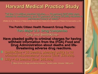Harvard Medical Practice Study “ Of the 1.3 million medical injuries….. 19 percent (247,000) were related to medications, and 14 percent of these (34,580) resulted in permanent injury or death.” (Weiler et al., A Measure of Malpractice:Medical Injury Malprctice Litigation and Patient Compensation, p.54 ) The Public Citizen Health Research Group Reports: Two Major U.S. Drug Companies -Lilly and SmithKline- Have pleaded guilty to criminal charges for having withheld information from the (FDA) Food and Drug Administration about deaths and life-threatening adverse drug reactions. SmithKline = 36 Deaths, pleaded guilty to 14 criminal misdemeanor counts (fine: $34.000). Lilly = 49 Deaths (fine: $45.000) ( “More Crime in Drugs and Device Industry,” Health Letter, October 1988, p.12) 