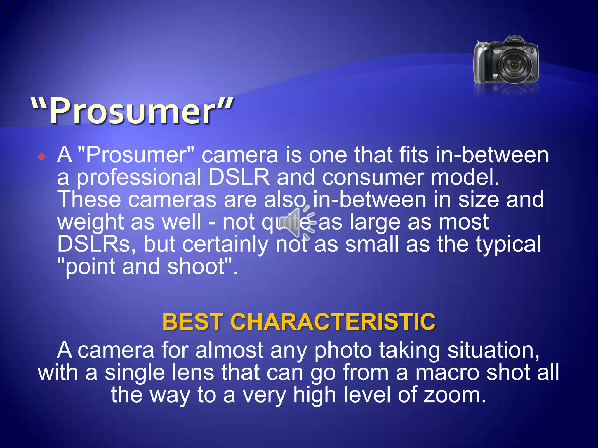 “Prosumer”A "Prosumer" camera is one that fits in-between a professional DSLR and consumer model.  These cameras are also in-between in size and weight as well - not quite as large as most DSLRs, but certainly not as small as the typical "point and shoot". BEST CHARACTERISTICA camera for almost any photo taking situation, with a single lens that can go from a macro shot all the way to a very high level of zoom.