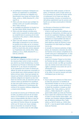 33
tion dépend des traités auxquels un Etat est
partie. Le Protocole contre la traite (article 14)
et la Convention du Conseil de l’Europe (article
3) contiennent l’un et l’autre une clause de
non-discrimination. De plus, la Convention du
CdE précise explicitement que les services sont
fournis sur une base consensuelle et informée
(article 7).
Les Principes et Directives du HCDH invitent
instamment les gouvernements :
-	 à faire en sorte que les lois, politiques, pro-
grammes et interventions, de même que les
accords de coopération bilatéraux, régionaux
et internationaux, n’affectent pas les droits,
obligations et responsabilités des Etats en
vertu du droit international, y compris le
droit relatif aux droits de l’homme, le droit
humanitaire et le droit relatif aux réfugiés
(1.6  1.9);
-	 à consulter les instances judiciaires et légis-
latives, les institutions nationales des droits
de l’homme et les secteurs compétents de la
société civile pour le développement, la mise
en œuvre et l’évaluation des politiques anti-
traite (1.2);
-	 à suivre et à évaluer l’impact sur les droits
de l’homme des lois, politiques et interven-
tions contre la traite. Les ONG qui travaillent
avec des victimes de la traite seront encou-
ragées à participer à ces actions de suivi et
d’évaluation (1.7);
−	 à protéger le droit à la liberté de circulation
et de veiller à ce que les mesures anti-traite
n’enfreignent pas ce droit (1.5).
Normes
•	 Aucun aspect de la réponse de l’Etat envers
la traite des personnes ne manifeste de
discrimination fondée sur la race ou le sexe
: il n’y a, par exemple, aucune restriction à
la liberté de circulation, y compris au droit
d’émigrer. (Prot. Traite, article 14, CdE CLT
article 3 ; HCDH, Directive N° 1 ; tous les
grand traités relatifs aux droits de l’homme).
•	 Aucun aspect de la réponse de l’Etat envers
la traite ne viole d’autres droits établis : par
exemple, pas d’analyse médicale obligatoire,
pas de détention arbitraire (Prot. Traite,
article 14, CdE CLT article 40 ; HCDH, Direc-
tive N° 1 ; tous les grand traités relatifs aux
droits de l’homme).
•	 Les politiques et pratiques s’attaquent aux
facteurs qui augmentent la vulnérabilité,
y compris la pauvreté, les inégalités et la
discrimination sous toutes ses formes (Prot.
Traite, article 9 ; HCDH, Directive N° 7, Prin-
cipe N° 5).
•	 L’Etat a pris des mesures pour protéger les
victimes contre une nouvelle victimisation
(Prot. Traite, article 9).
•	 Les stratégies de prévention se fondent sur
des faits avérés (HCDH, Directive N° 7).
•	 L’Etat a pris des mesures concrètes pour
lutter contre la passivité du secteur public ou
sa complicité dans le processus de la traite
(Convention CTO, article 8 ; HCDH, Directives
, principe N° 6).
•	 L’Etat a pris des mesures concrètes pour
décourager la demande en ce qui concerne
les produits de la traite, par ex. en promul-
guant des lois visant les personnes qui tirent
profit du travail et/ou des services reposant
sur l’exploitation des victimes (Prot. Traite,
articles 9.5  19 ; HCDH, Directive N° 7.1 ;
CdE CLT, article 6).
VIII Obligations générales
Les Etats ont l’obligation de faire en sorte que
les mesures prises contre la traite ne portent
pas atteinte aux droits fondamentaux. Comme
le précisent les Principes et Directives du HCDH
(Directive N° 1), les mesures de prévention
ou de suppression de la traite ne doivent pas
affecter les droits des personnes concernées, et
ne pas aboutir pour certains groupes à des vio-
lations de leurs droits. Citons par exemple les
mesures qui limitent la liberté de circulation de
certaines catégories de migrants ou leur inter-
disent de chercher asile, les descentes dans les
maisons closes qui pénalisent les travailleurs
du sexe sans porter secours aux victimes (po-
tentielles), la détention et l’incrimination des
victimes et les examens médicaux obligatoires,
y compris tests VIH/sida.
Ce principe est reconnu par le Protocole contre
la traite, qui précise qu’aucune de ses dispo-
sitions n’a d’incidences sur les droits, obliga-
tions et responsabilités des Etats en vertu du
droit international, y compris le droit relatif
aux droits de l’homme (Clause de sauvegarde,
article 14). On trouve une clause analogue
dans la Convention du Conseil de l’Europe
(article 40). Le contenu exact de cette obliga-
 