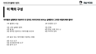 이 책의 구성
아이템과 실행력과 자본까지 다 있어도 아이디어의 90%는 실패한다! 그러면 어떻게 해야 할까?
아이디어불패의법칙
1부 불변의 사실
1장 시장 실패의 법칙
2장 될 놈
3장 생각은 접어두고 데이터를 모으라
2부 쓸모 있는 데이터를 수집하는 방법
4장 사고 도구
5장 프리토타이핑 도구
6장 분석 도구
3부 유연한 도구
7장 전략
8장 완성 사례: 버스 U
9장 마지막 당부
 