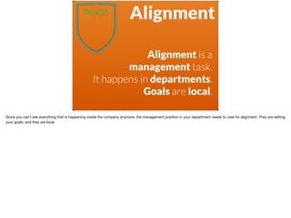Alignment
Alignment is a
management task.
It happens in departments.
Goals are local.
Since you can’t see everything that ...