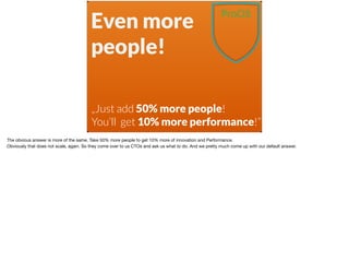 Even more
people!
„Just add 50% more people!
You’ll get 10% more performance!“
The obvious answer is more of the same. Tak...