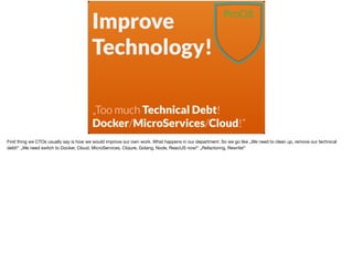 Improve
Technology!
„Too much Technical Debt!
Docker/MicroServices/Cloud!“
First thing we CTOs usually say is how we would...