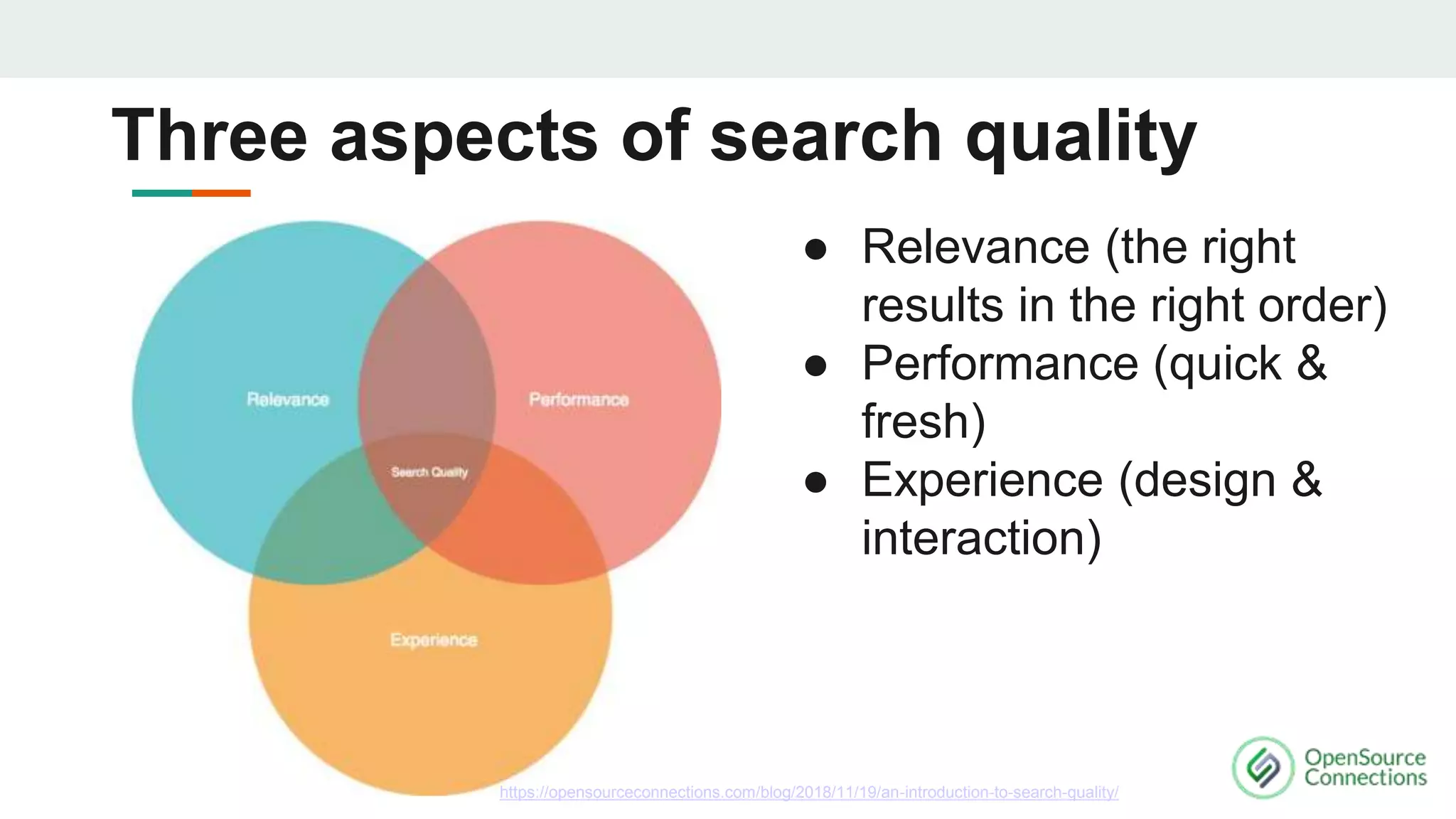 ● Relevance (the right
results in the right order)
● Performance (quick &
fresh)
● Experience (design &
interaction)
https://opensourceconnections.com/blog/2018/11/19/an-introduction-to-search-quality/
Three aspects of search quality
 